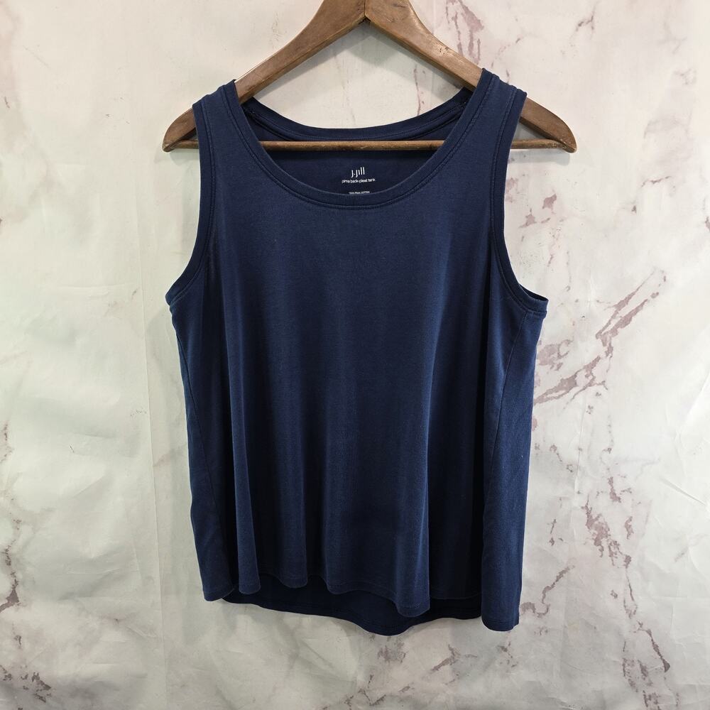 J Jill Shirt Womens Small Petite Tank Top Navy Pima Back Pleat Scoop Neck Tee T